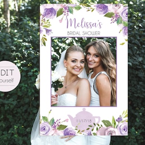 Bridal Tea Photo Booth Frame, Photo Prop Frame, Party Tea Photo Booth Prop, Editable PDF, Lilac Purple Lavender Tea Pot