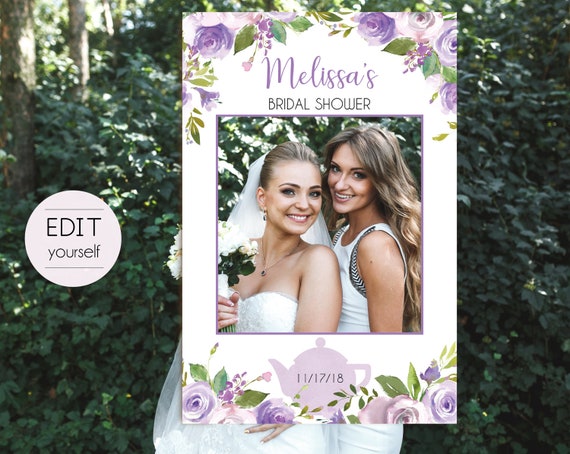 Bridal Tea Photo Booth Frame, Photo Prop Frame, Party Tea Photo Booth Prop, Editable PDF, Lilac Purple Lavender Tea Pot