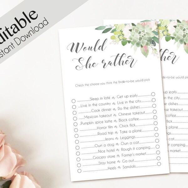 Bridal Shower Game, Would she rather, Editable PDF Bridal Shower Succulent Blush Pink Greenery Floral Watercolor Flowers, Editable Game