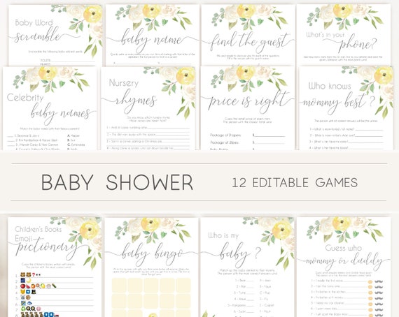 Baby Shower Games, White pink baby shower, Baby Shower Games Bundle, Editable games, Baby Shower white yellow, Baby shower yellow