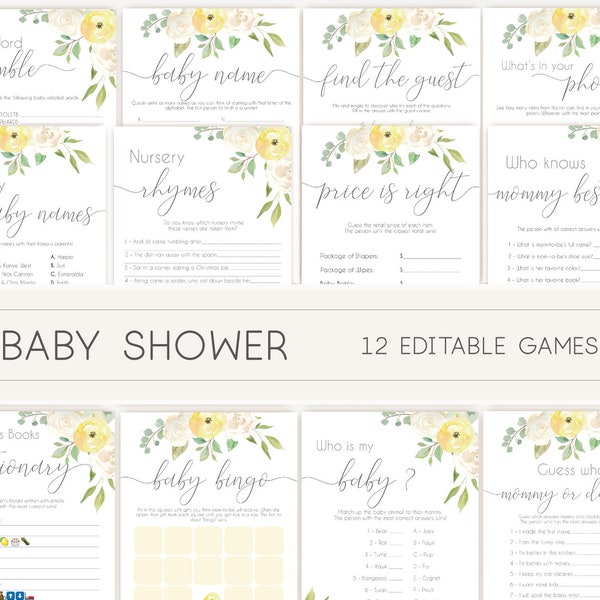 Baby Shower Games, White pink baby shower, Baby Shower Games Bundle, Editable games, Baby Shower white yellow, Baby shower yellow