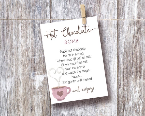 Hot Chocolate Bomb Tag, Editable Hot Chocolate Bomb Tag, Printable Hot Cocoa Bomb 5x7, Christmas Gift, Party Favor, Corjl, HC01