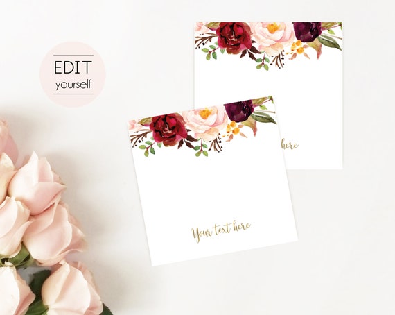 Editable Hair Tie Cards, Favor Tag Bridal Shower Template, Editable PDF Printable, Instant Download, Marsala Burgundy Peonies Floral Gold