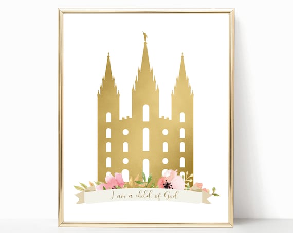 LDS Temple, I am a child of God,  Instant Download Digital Printable LDS Gift Art print room decor, flowers, gold, lds poster