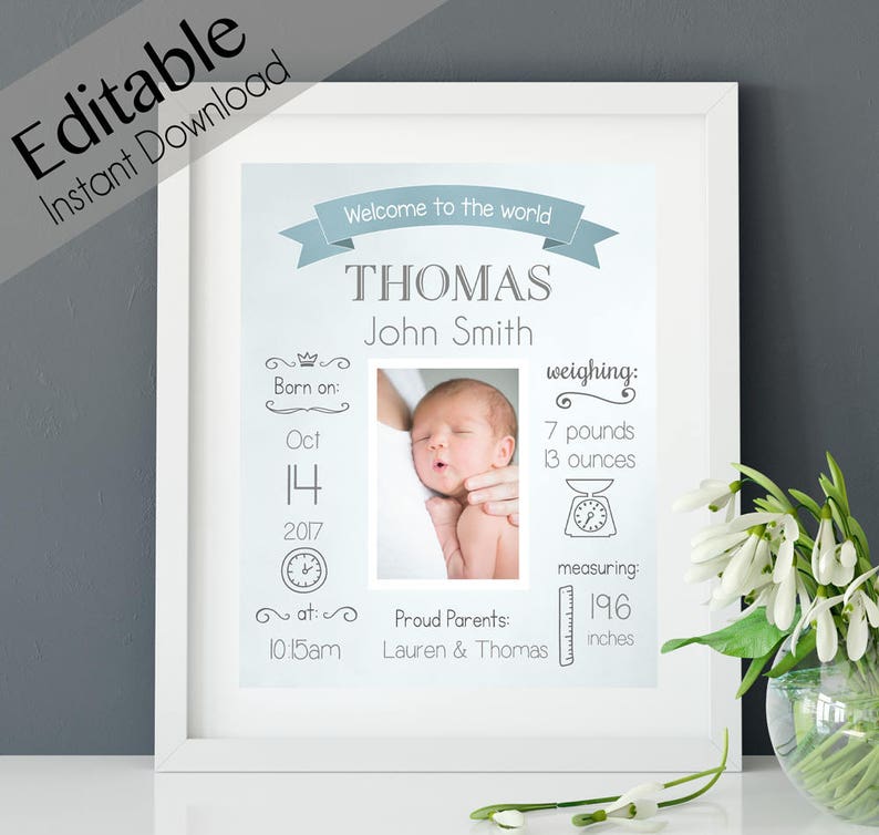 Editable PDF Birth Announcement Print Sign poster wall art instant download BIRTH Stats printable wall art template whiteboard boy baby