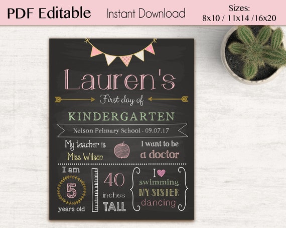 First/Last Day of School Chalkboard Print, Editable Text, DIY, Gold Pink, Chalkboard Sign, Kindergarten, INSTANT DOWNLOAD