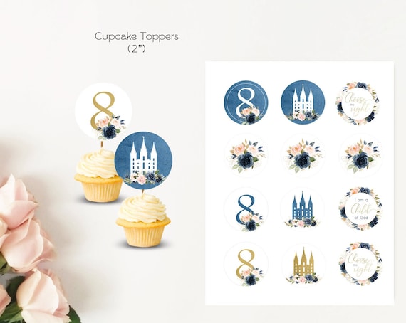 Baptism Cupcake Topper, LDS Baptism, Instant Download, Digital Printable, Baptism Girl, Food Labels, Decorations, Navy and Gold