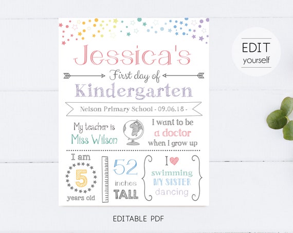 First/Last Day of School Sign Chalkboard Print, Stars Rainbow, Editable Text, DIY, Whiteboard Sign, Kindergarten, INSTANT DOWNLOAD