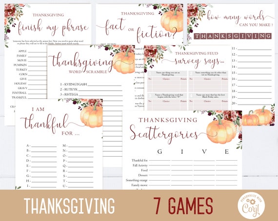 Thanksgiving Games, Editable Thanksgiving Games, Friendsgiving games, Thanksgiving printable, Thanksgiving family games, Corjl