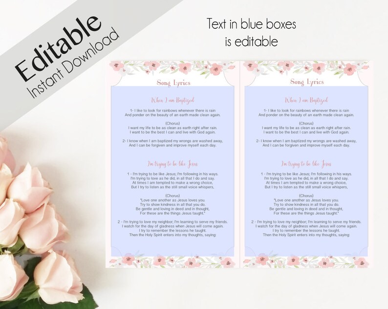 Baptism Program LDS Printable Digital, Editable PDF, Songs Handout Girl Baptism Pink Flowers, Baptism Template, Girl Baptism image 3