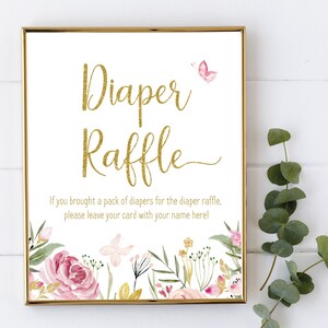 Diaper Raffle Sign, Baby Shower Sign Printable, Baby shower Butterfly flowers floral, Baby Shower, baby shower sign, Pink and gold