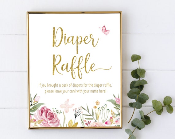 Diaper Raffle Sign, Baby Shower Sign Printable, Baby shower Butterfly flowers floral, Baby Shower, baby shower sign, Pink and gold