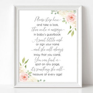 Baby Shower Please sign the Guestbook Printable Sign, Baby Shower Sign Printable, Romantic Blush Pink White Floral, Instant Download