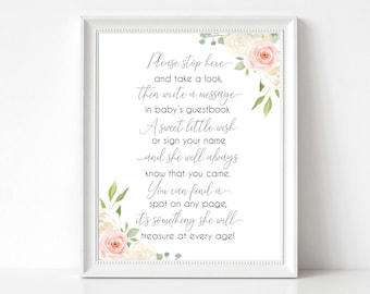 Baby Shower Si prega di firmare il cartello stampabile del libro degli ospiti, Baby Shower Sign stampabile, Romantico Blush Rosa Bianco Floreale, Download istantaneo