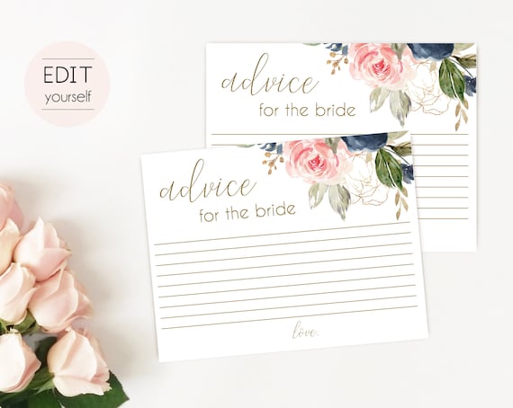 Advice Card Printable, Bridal Shower Advice Card, Advice for the bride and groom, Instant Download, Blue Navy Blush Rose and Gold