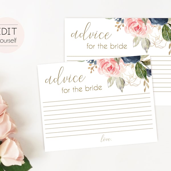 Advice Card Printable, Bridal Shower Advice Card, Advice for the bride and groom, Instant Download, Blue Navy Blush Rose and Gold