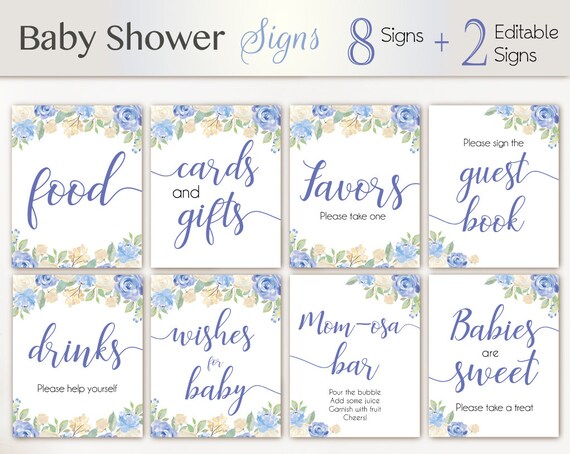 Baby Shower Sign Set, Baby Shower Editable Sign Package Set Bundle, Printable Baby Sign, Editable Sign, Floral Sign, Baby Shower Boy Blue