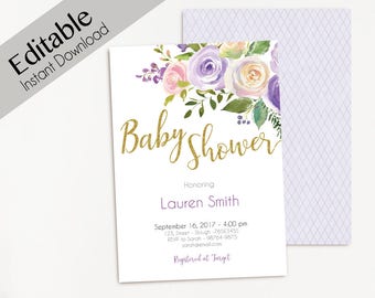 May include: Purple and pink floral baby shower invitation with gold glitter text that reads "Baby Shower" and "Honoring Lauren Smith". The invitation includes the date, time, address, RSVP information, and the store where the guest of honor is registered.