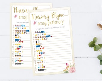 Nursery Rhyme Emoji Pictionary, Baby Emoji Pictionary, Baby Shower Game, Floral Butterfly, Baby Shower Game, Butterfly Baby Shower