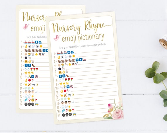 Nursery Rhyme Emoji Pictionary, Baby Emoji Pictionary, Baby Shower Game, Floral Butterfly, Baby Shower Game, Butterfly Baby Shower