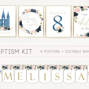 Baptism Girl Kit, LDS Baptism, Editable banner, navy gold blush, Temple Poster, CTR poster, I am a child of God Poster, LDS Baptism