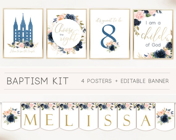 Baptism Girl Kit, LDS Baptism, Editable banner, navy gold blush, Temple Poster, CTR poster, I am a child of God Poster, LDS Baptism
