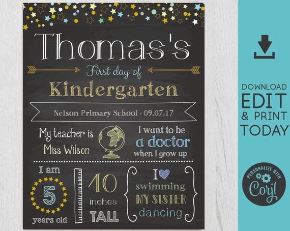 First/Last Day of School Sign Chalkboard Print, neutral colors, Editable Text, DIY, Chalkboard Sign, Stars, INSTANT DOWNLOAD, Corjl