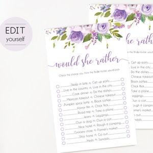 Bridal Shower Game Would She Rather Editable PDF Bridal Shower Lilac Lavender Purple Watercolor Flowers, Editable Game, would she rather