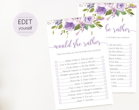 Bridal Shower Game Would She Rather Editable PDF Bridal Shower Lilac Lavender Purple Watercolor Flowers, Editable Game, would she rather