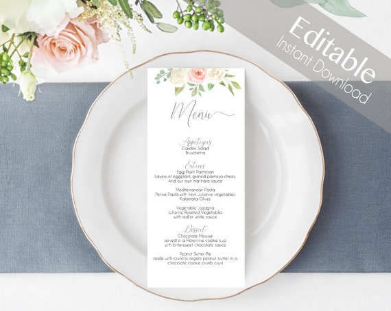 Editable Menu Bridal Shower, Party Menu, Printable Menu, White Pink Menu, Romantic Blush Pink Event Menu, Floral Menu Card Wedding Reception