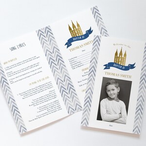 May include: A blue and white chevron pattern program for a baptism ceremony. The program includes a photo of the child, the name "Thomas Smith", and the date of the baptism. The program also includes song lyrics for the hymns sung at the ceremony.