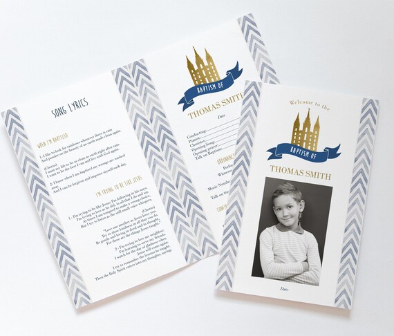 Editable Baptism Program, Baptism LDS Printable Digital, Songs Handout Boy Baptism photo, Navy Blue Gold, Program Photo, Corjl