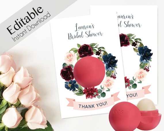 Editable EOS Lip Balm Thank You Tags Floral EOS tags EOS Bridal Shower Favors Bachelorette Party Birthday Baby Shower Favors Navy Marsala