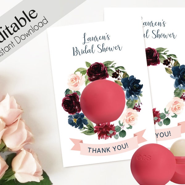 Editable EOS Lip Balm Thank You Tags Floral EOS tags EOS Bridal Shower Favors Bachelorette Party Birthday Baby Shower Favors Navy Marsala