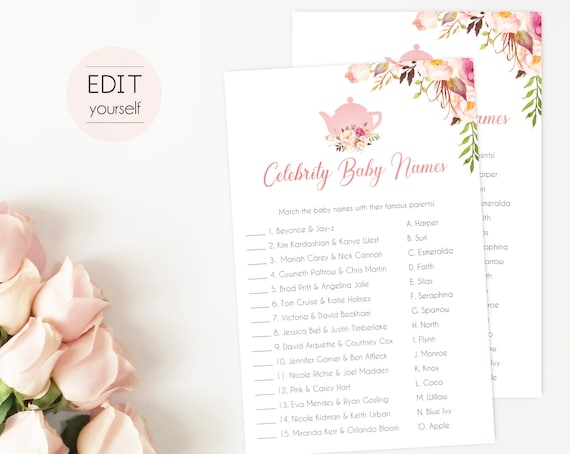 Editable Celebrity Baby Names Game, Baby Shower Game, Baby Tea Game, Romantic Blooms Rose Floral, Tea pot, Celebrity Names Game