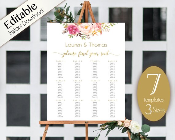 Wedding Seating Chart Template, PDF Editable Wedding Table Seating Chart Poster Sign, PDF Instant Download, Romantic Blooms Rose Floral Gold