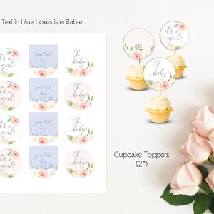 May include: Set of 12 cupcake toppers featuring a floral design with pink and white flowers. The toppers are 2 inches in diameter and have the text "It's a girl!" and "Oh baby!" printed on them.