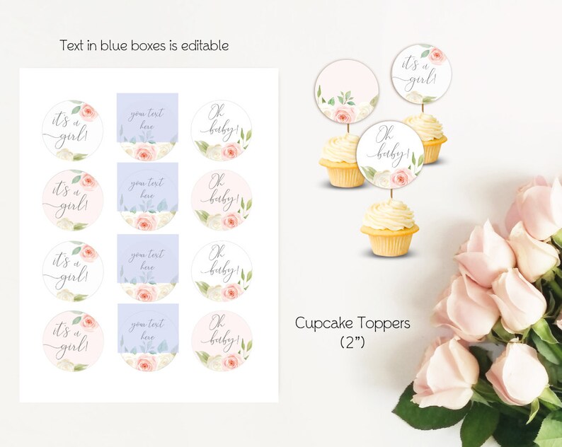 May include: Set of 12 cupcake toppers featuring a floral design with pink and white flowers. The toppers are 2 inches in diameter and have the text "It's a girl!" and "Oh baby!" printed on them.
