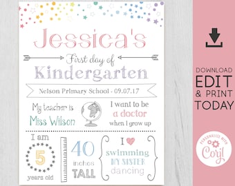 First/Last Day of School Sign 2025 Chalkboard Print, Rainbow Stars, Editable Text, WhiteBoard Back to School, Any Grade, INSTANT DOWNLOAD