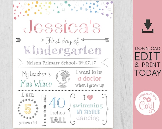 First/Last Day of School Sign Chalkboard Print, Rainbow Stars, Editable Text, WhiteBoard Back to Shool, Any Grade, INSTANT DOWNLOAD, Corjl