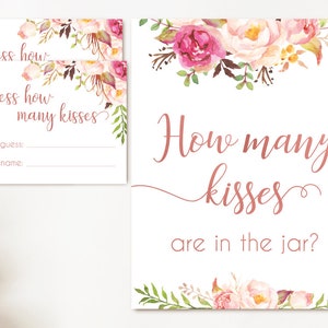 How many kisses are in the jar sign Blush Bloom Pink Rose Gold How many kisses cards and sign Bridal Shower How many kisses instant download
