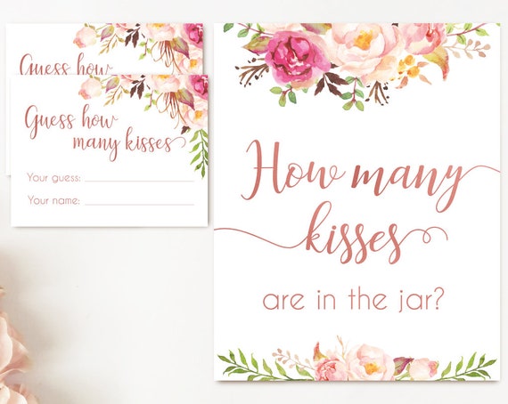 How many kisses are in the jar sign Blush Bloom Pink Rose Gold How many kisses cards and sign Bridal Shower How many kisses instant download