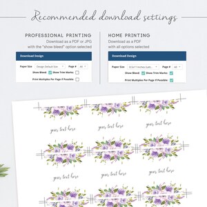 May include: Printable digital download of six 8.5x11 inch cards with a floral design and the text "your text here". The cards are designed for professional or home printing and include options for bleed, trim marks, and multiple prints per page.