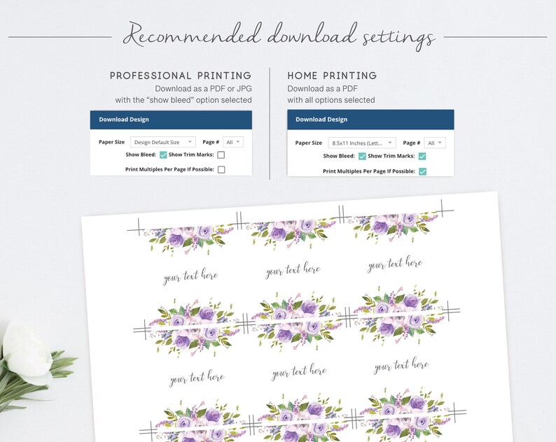 May include: Printable digital download of six 8.5x11 inch cards with a floral design and the text "your text here". The cards are designed for professional or home printing and include options for bleed, trim marks, and multiple prints per page.