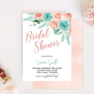 May include: A bridal shower invitation with a watercolor floral design in shades of pink and blue. The text reads "Bridal Shower" and "Honoring Lauren Smith". The invitation includes the date, time, location, RSVP information, and registry details.