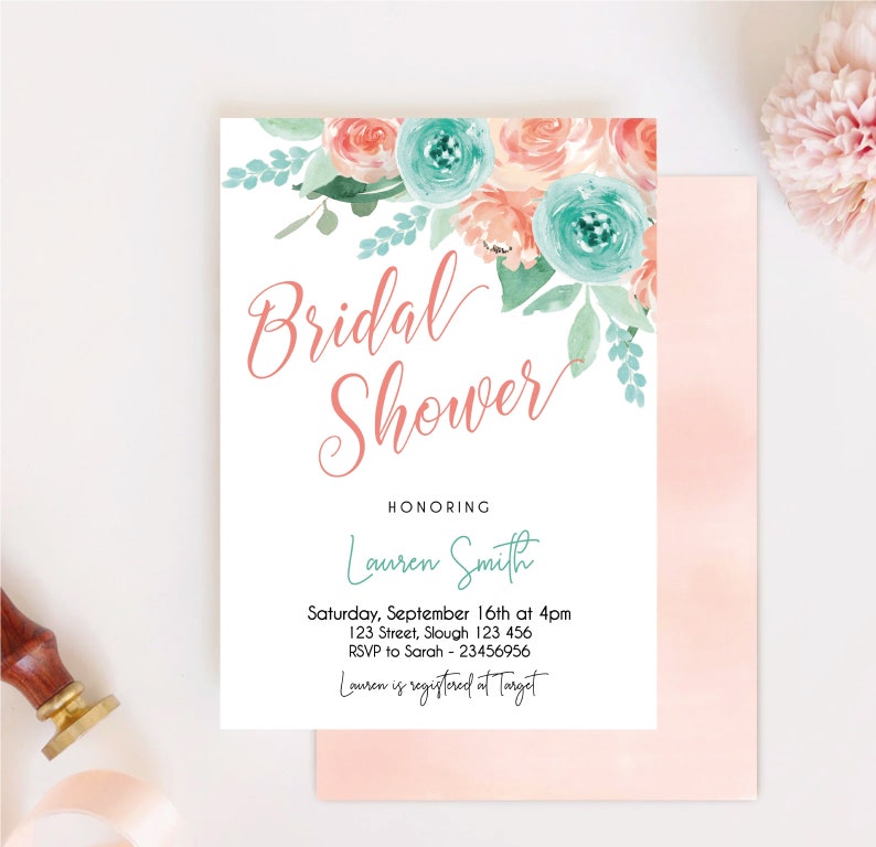 May include: A bridal shower invitation with a watercolor floral design in shades of pink and blue. The text reads "Bridal Shower" and "Honoring Lauren Smith". The invitation includes the date, time, location, RSVP information, and registry details.