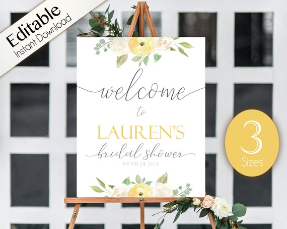 Welcome Sign Bridal Shower, Template Bridal Shower Editable PDF, Welcome Bridal Shower Sign Romantic White Blush Yellow Floral Editable Sign