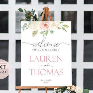 Welcome Sign Wedding Template, Editable PDF,  Floral Lavender Wedding welcome sign, Wedding welcome, White blush pink floral