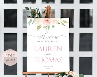 Welcome Sign Wedding Template, Editable PDF,  Floral Lavender Wedding welcome sign, Wedding welcome, White blush pink floral