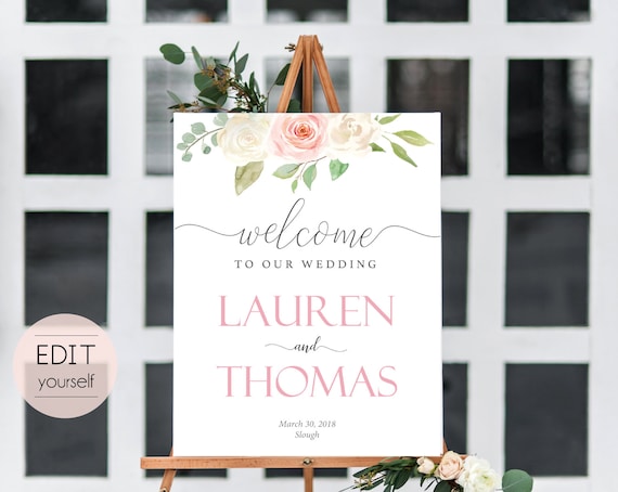 Welcome Sign Wedding Template, Editable PDF,  Floral Lavender Wedding welcome sign, Wedding welcome, White blush pink floral